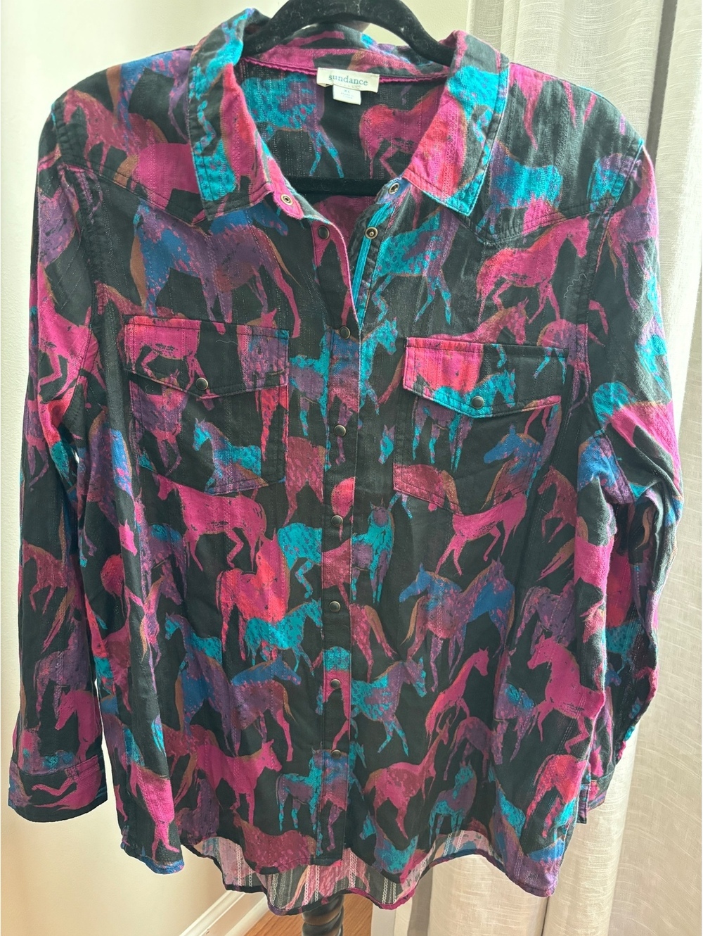 Sundance Equestrian Horse Print Snap Shirt 100% Cotton Boho Cowgirl